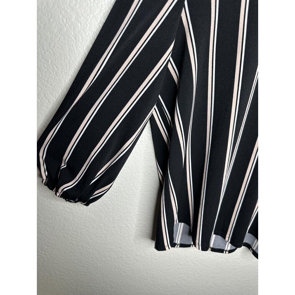 Adrianna Papell Blouse Womens Large Black White Stripe 3/4 Sleeve Elastic Cuffs - Picture 4 of 7